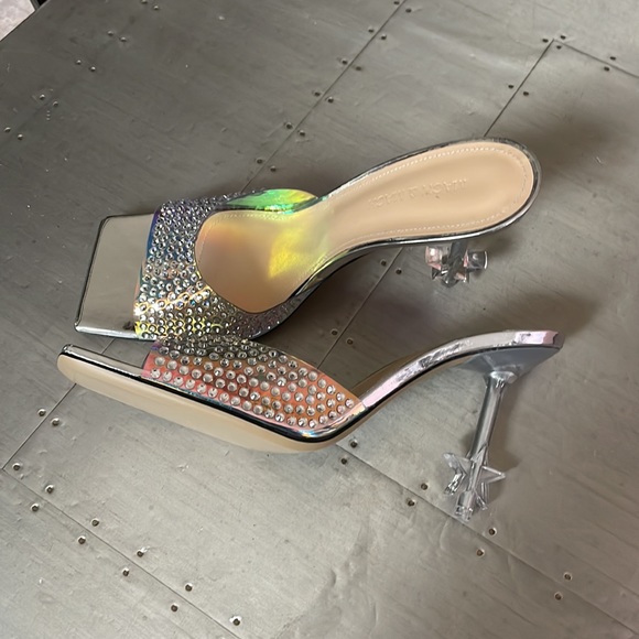 Mach & Mach crystal embellished iridescent silver mules sandals pumps sz 39 - Picture 4 of 10